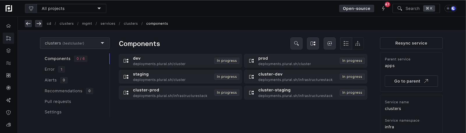 An example of our three clusters configured and being set up