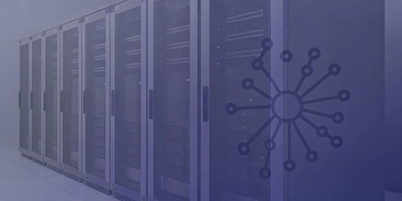 Kubernetes CNI network diagram on server racks.