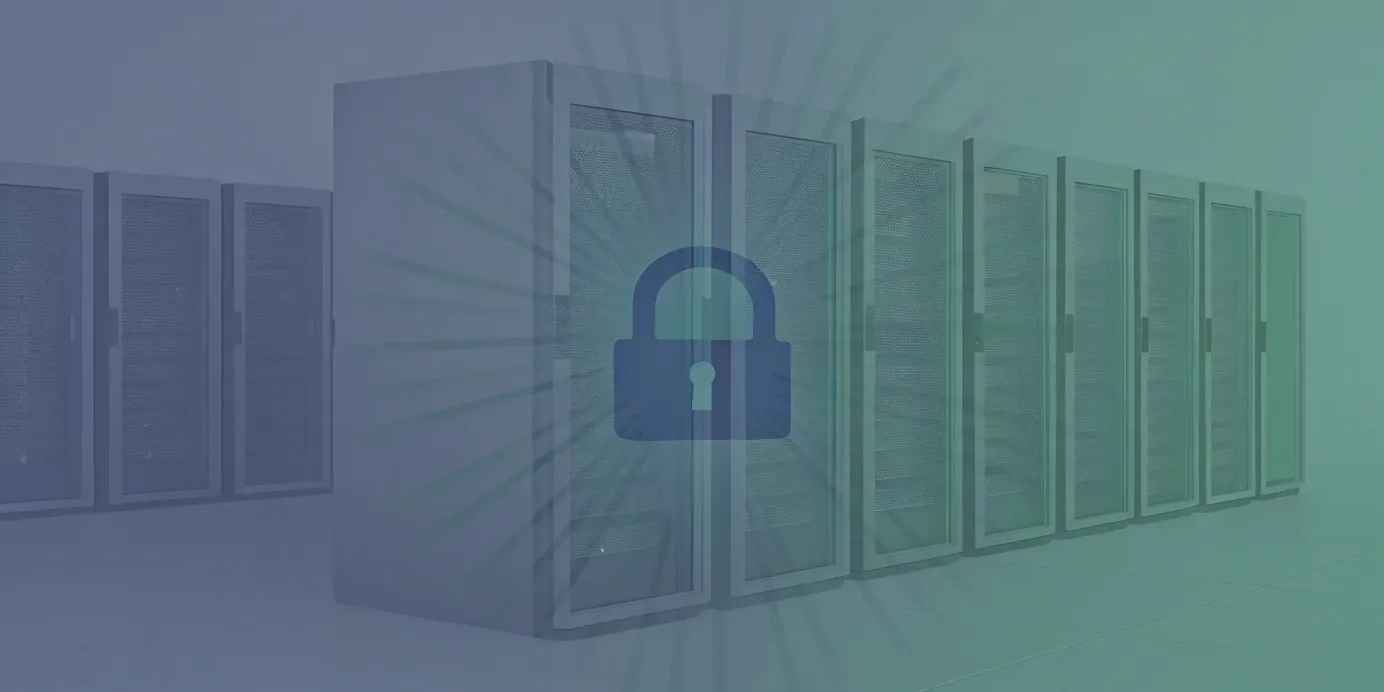 Data center server racks with a padlock icon for Kubernetes encryption at rest.
