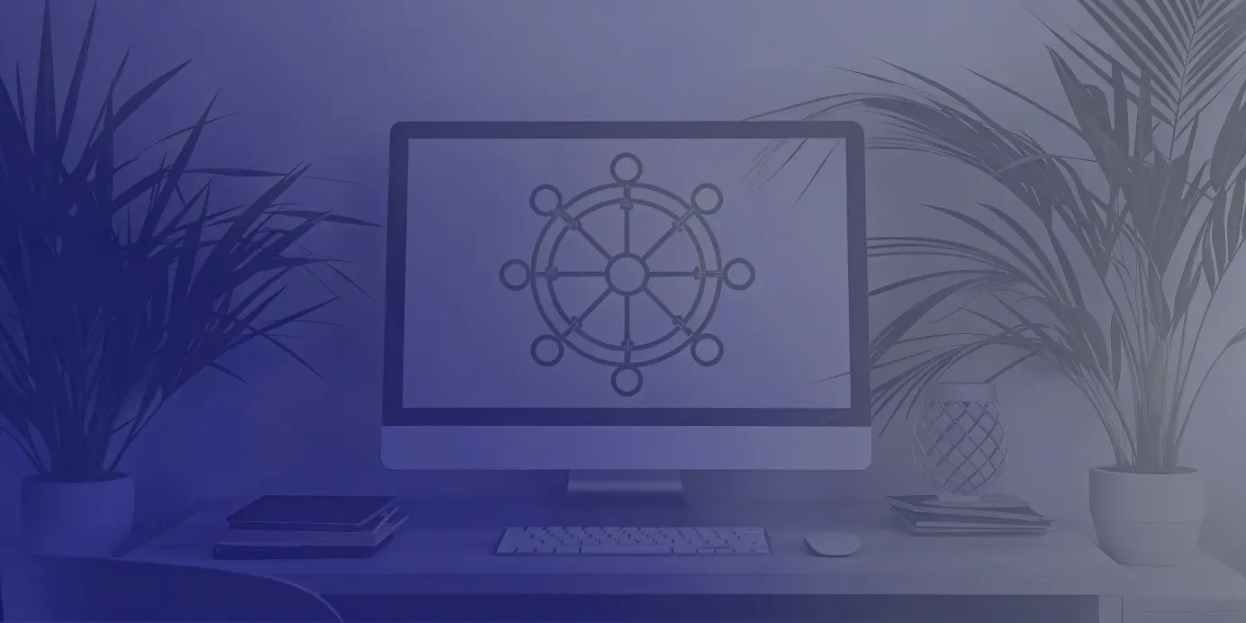 The Kubernetes logo on a computer monitor, introducing core k8s concepts for beginners.