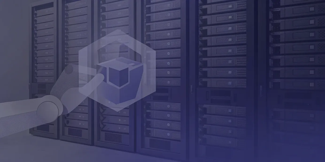 Robotic arm injecting a sidecar container into a Kubernetes server rack.