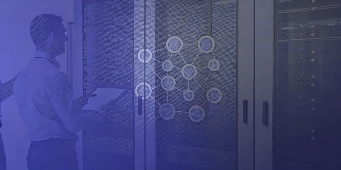 A Kubernetes mutating webhook modifying an object, shown as a diagram overlay in a server room with an engineer.