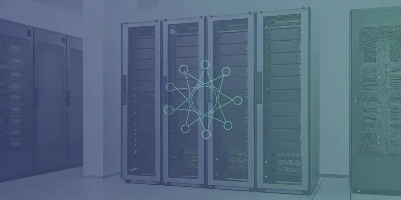A network mesh graphic over server racks showing the Linkerd service mesh connecting Kubernetes services.