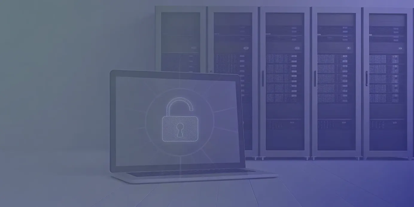 A laptop and padlock icon in front of server racks, securing Kubernetes secrets for a GitOps workflow.