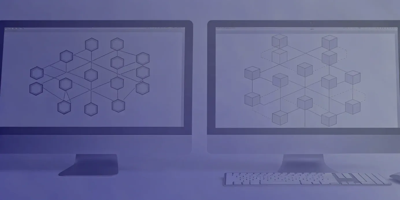 A side-by-side comparison of EKS vs Kubernetes architecture on computer monitors.