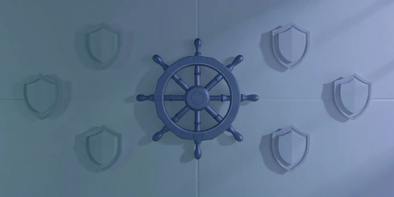 A ship's wheel for Kubernetes protected by a shield for Azure security best practices.
