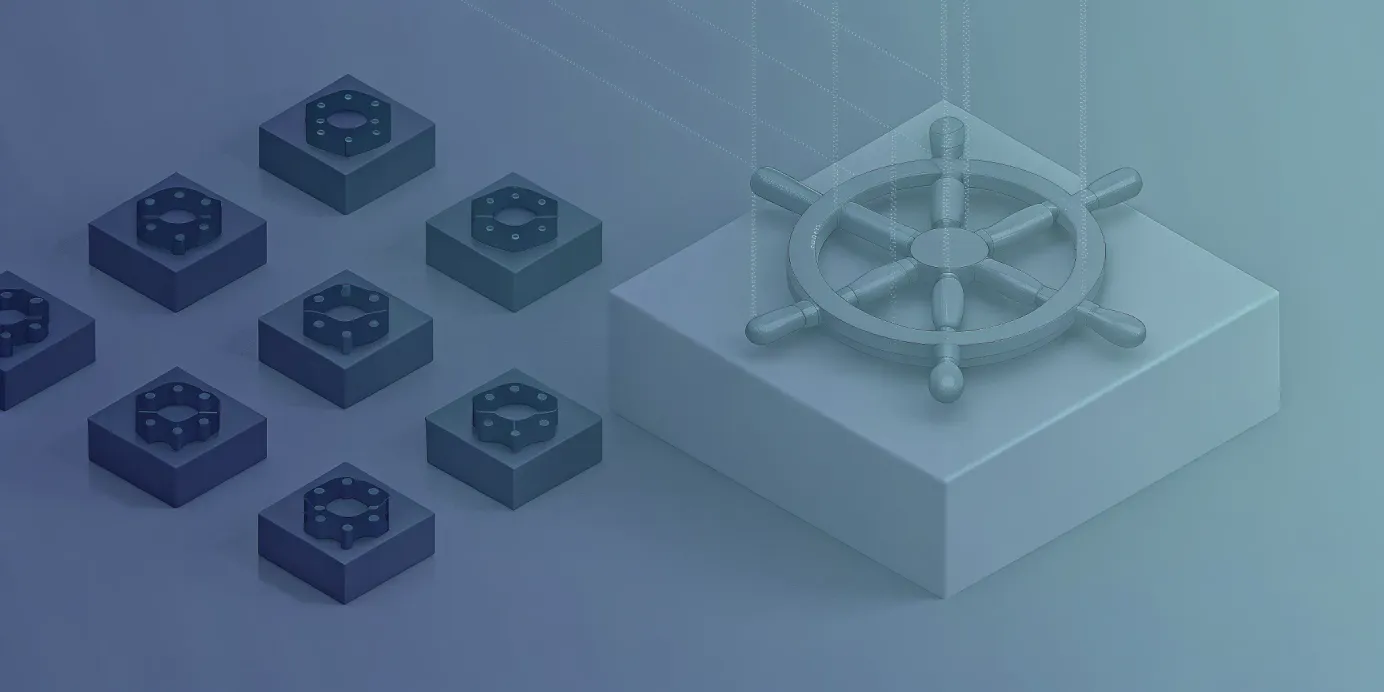 The Kubernetes ship wheel logo orchestrates container blocks, a visual definition of its core concepts.