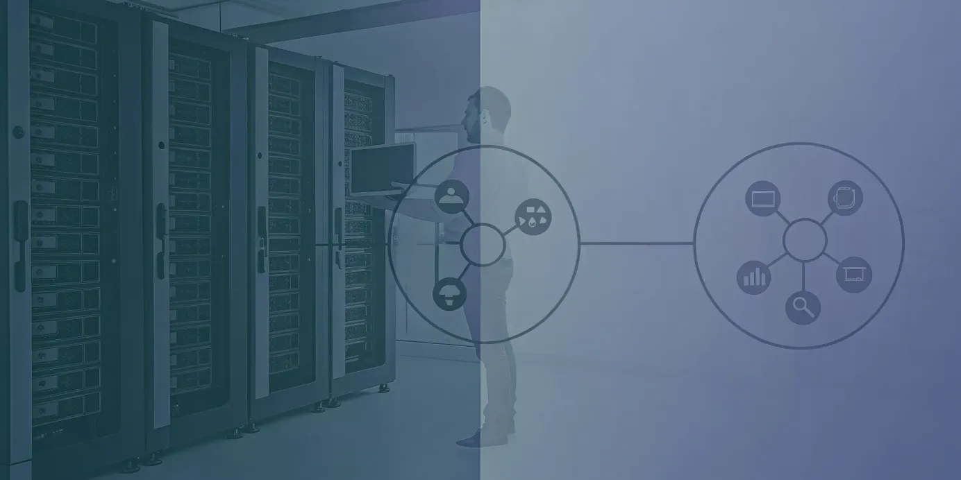 IT professional in a server room with a diagram comparing Kubernetes LoadBalancer vs NodePort services.