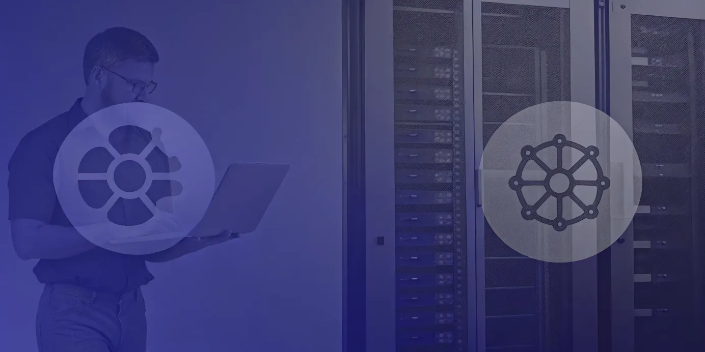 A developer's laptop with the Minikube logo contrasted against server racks with the Kubernetes logo.